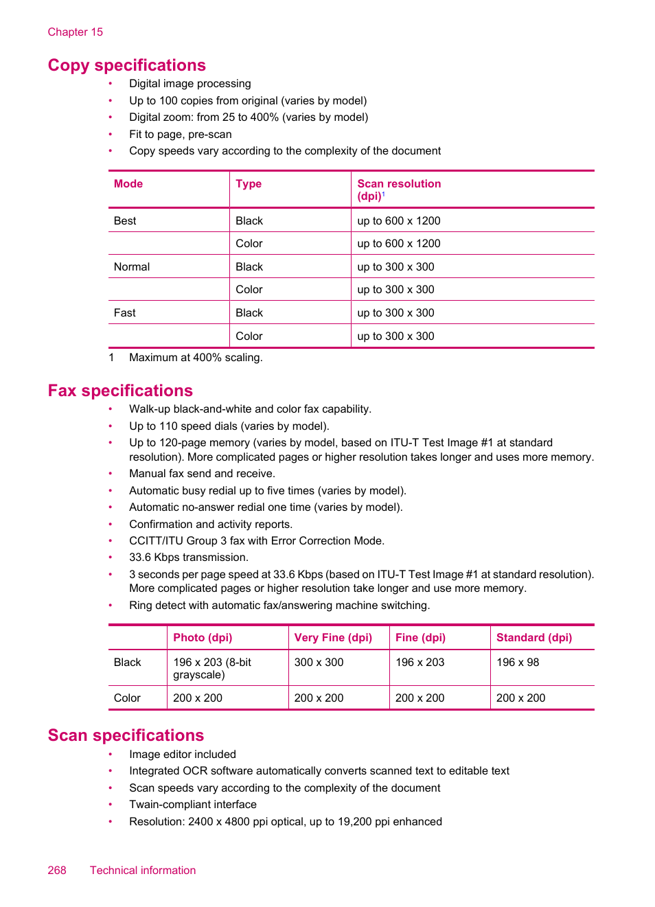 Copy specifications, Fax specifications, Scan specifications | HP Officejet J5740 All-in-One Printer User Manual | Page 270 / 286