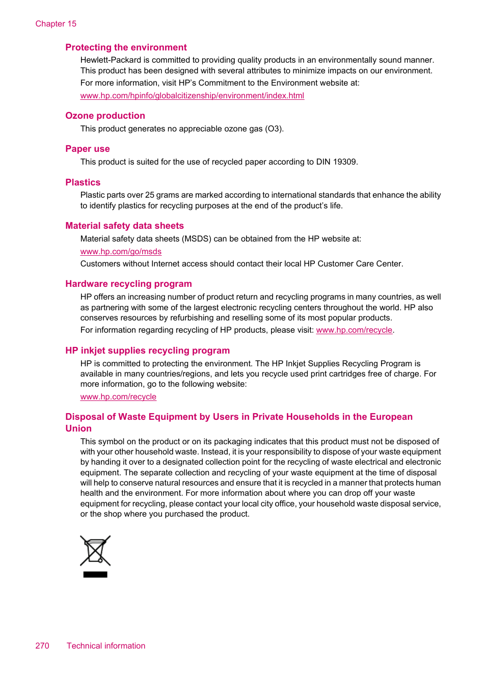 Protecting the environment, Ozone production, Paper use | Plastics, Material safety data sheets, Hardware recycling program, Hp inkjet supplies recycling program | HP Officejet J5740 All-in-One Printer User Manual | Page 272 / 286
