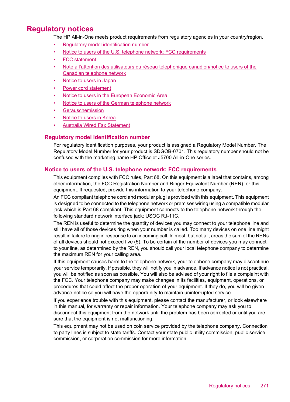 Regulatory notices, Regulatory model identification number | HP Officejet J5740 All-in-One Printer User Manual | Page 273 / 286