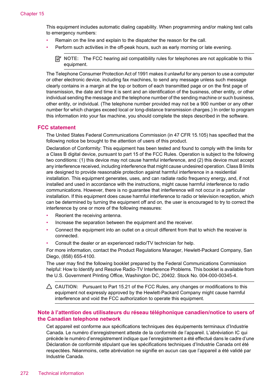 Fcc statement | HP Officejet J5740 All-in-One Printer User Manual | Page 274 / 286