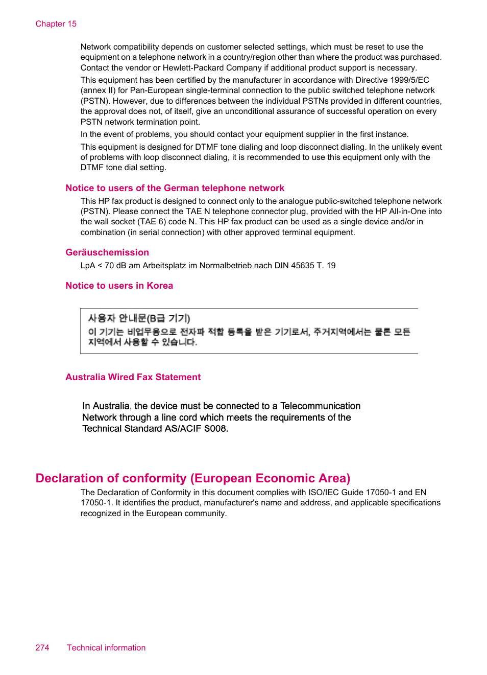 Notice to users of the german telephone network, Geräuschemission, Notice to users in korea | Australia wired fax statement, Declaration of conformity (european economic area) | HP Officejet J5740 All-in-One Printer User Manual | Page 276 / 286
