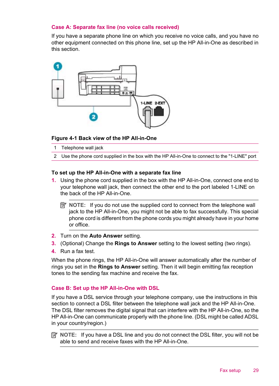 Case b: set up the hp all-in-one with dsl, Case b: set up the hp all-in-one with, Case b: set up the hp all-in- one with dsl | HP Officejet J5740 All-in-One Printer User Manual | Page 31 / 286