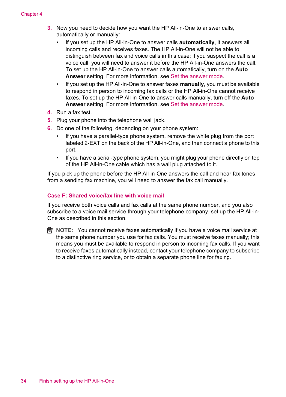 Case f: shared voice/fax line with voice mail | HP Officejet J5740 All-in-One Printer User Manual | Page 36 / 286