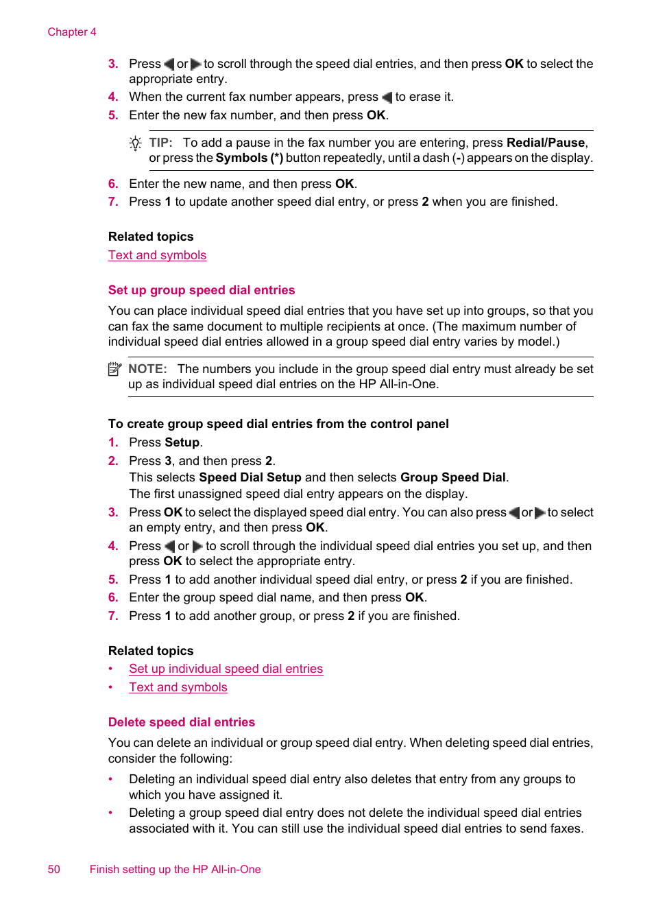 Set up group speed dial entries, Delete speed dial entries | HP Officejet J5740 All-in-One Printer User Manual | Page 52 / 286