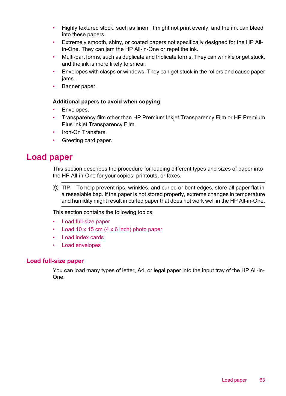 Load paper, Load full-size paper | HP Officejet J5740 All-in-One Printer User Manual | Page 65 / 286