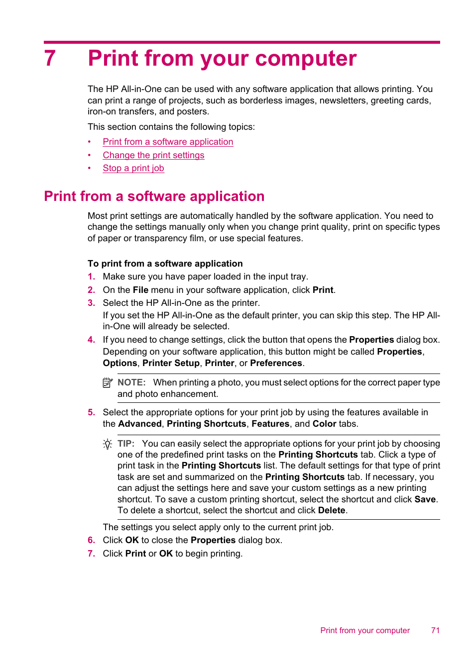 Print from your computer, Print from a software application, 7 print from your computer | 7print from your computer | HP Officejet J5740 All-in-One Printer User Manual | Page 73 / 286