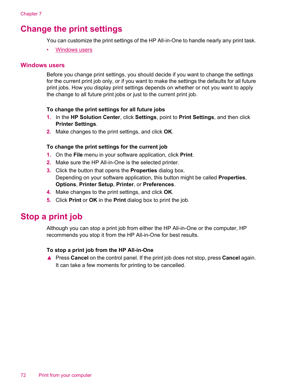 Change the print settings, Windows users, Stop a print job | How do i get the best print quality | HP Officejet J5740 All-in-One Printer User Manual | Page 74 / 286
