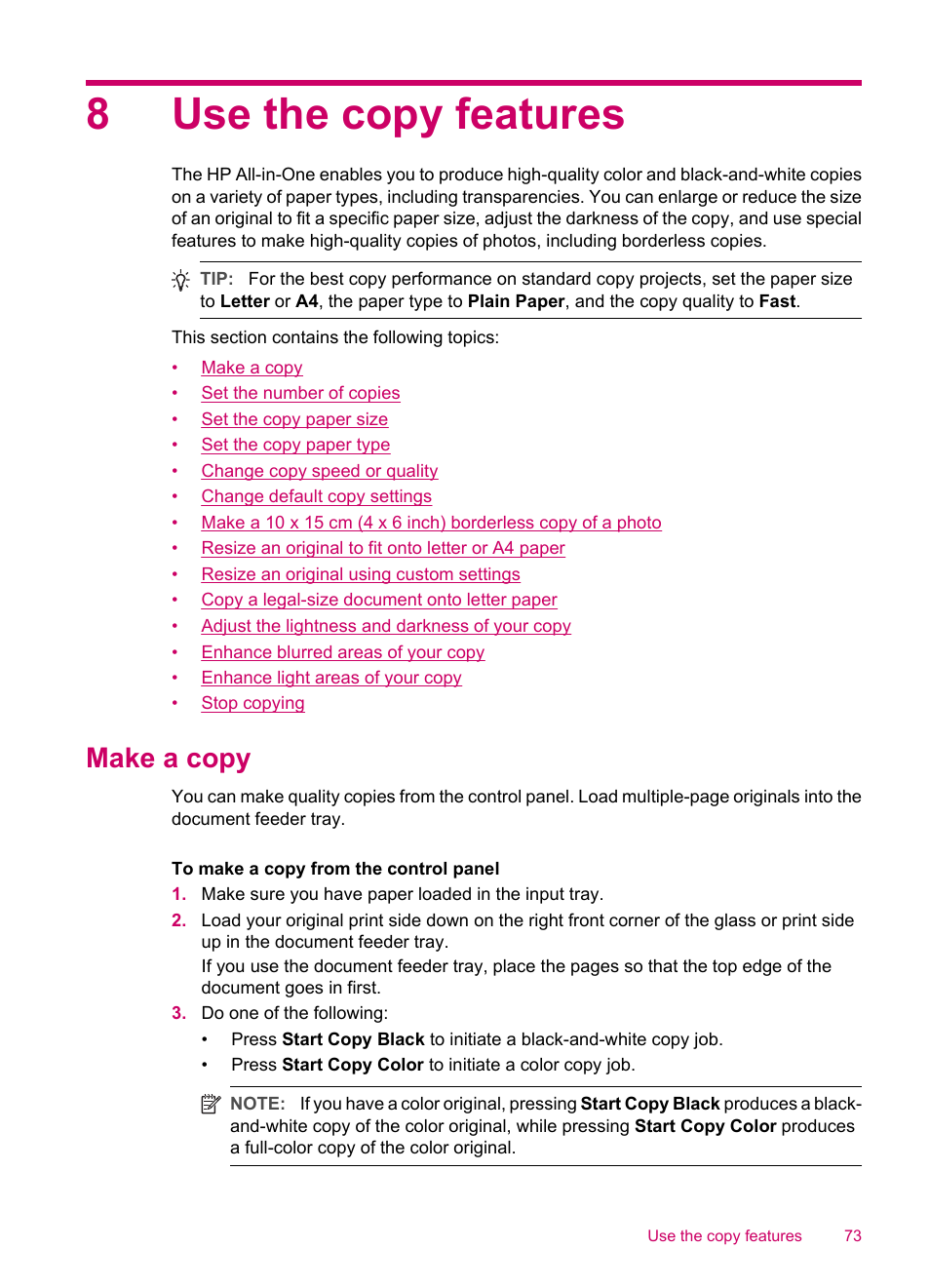 Use the copy features, Make a copy, 8 use the copy features | 8use the copy features | HP Officejet J5740 All-in-One Printer User Manual | Page 75 / 286