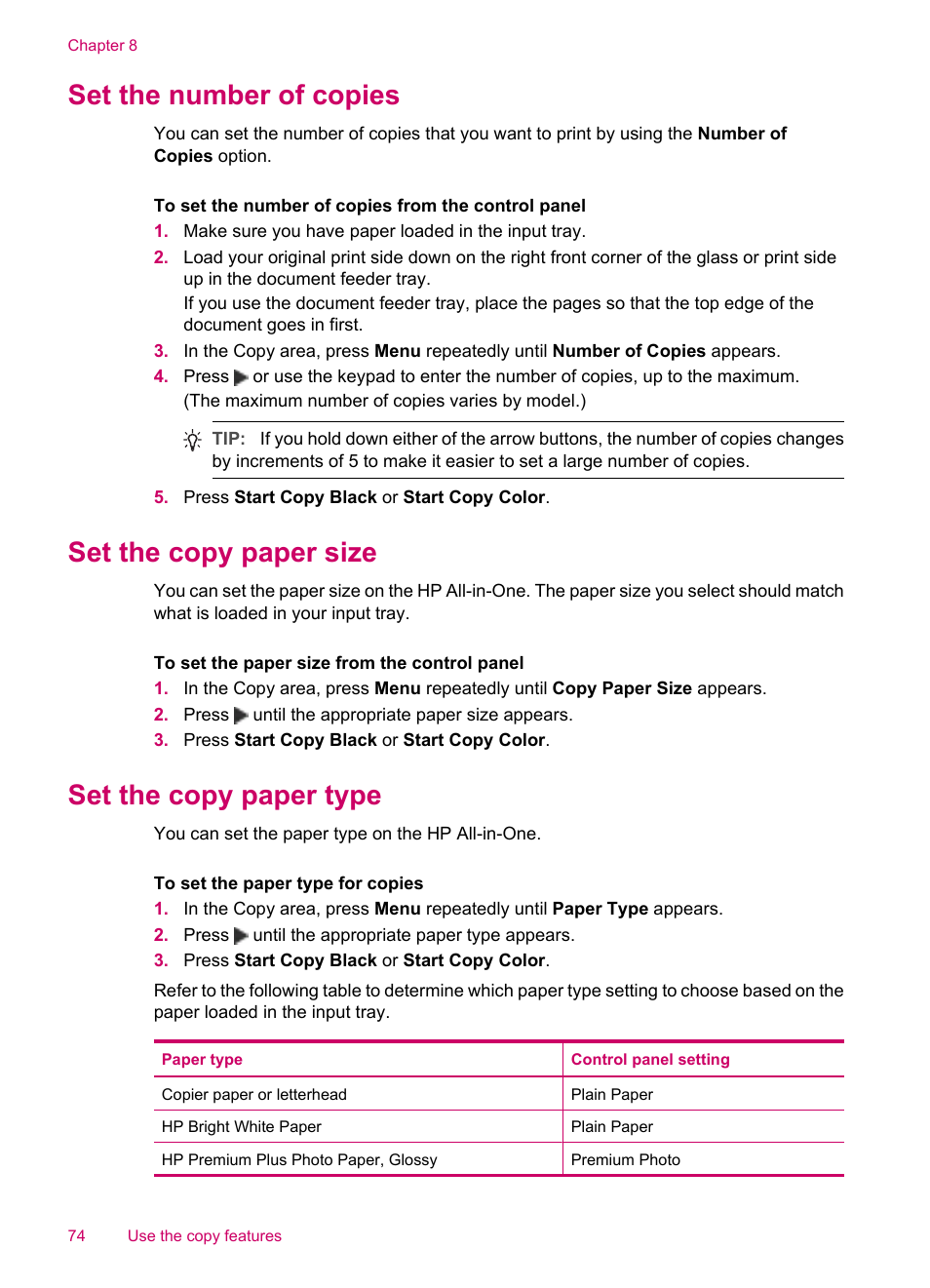 Set the number of copies, Set the copy paper size, Set the copy paper type | HP Officejet J5740 All-in-One Printer User Manual | Page 76 / 286