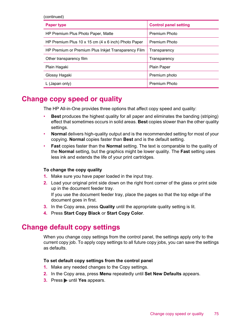 Change copy speed or quality, Change default copy settings | HP Officejet J5740 All-in-One Printer User Manual | Page 77 / 286