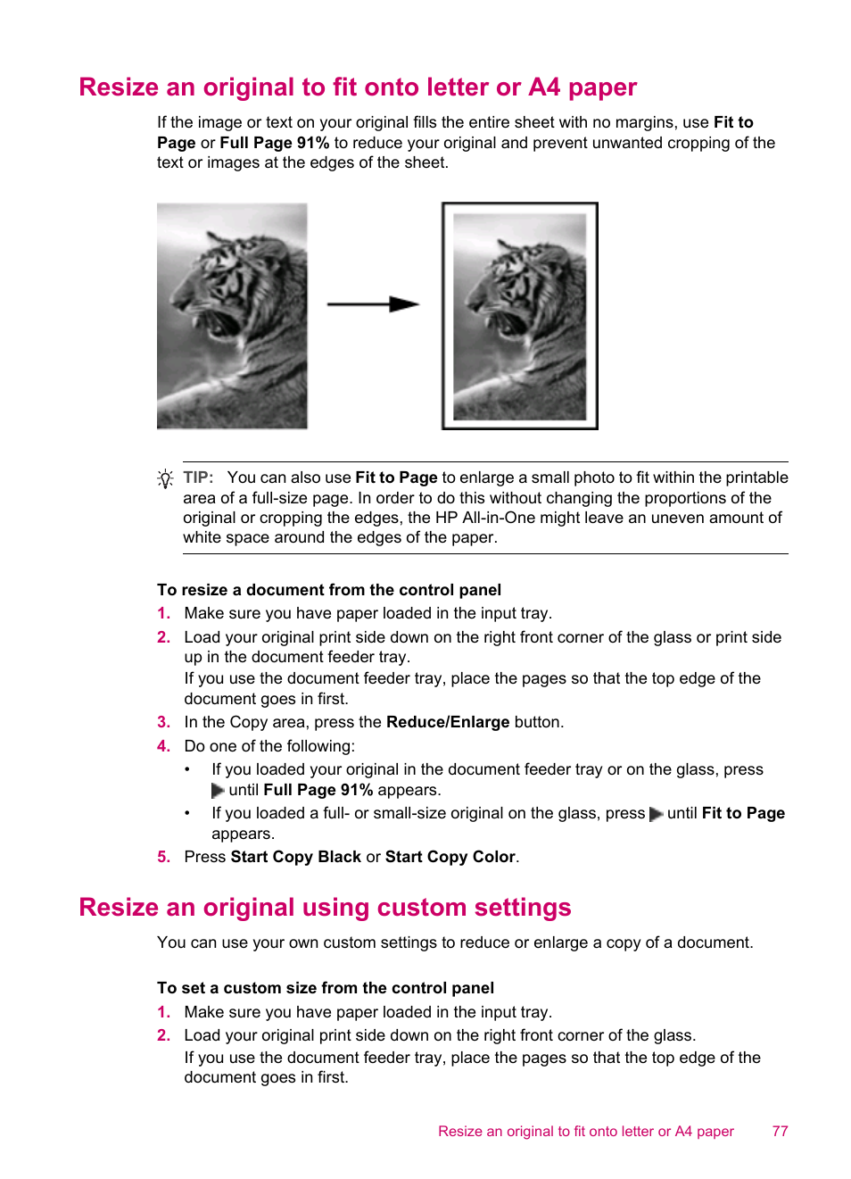 Resize an original to fit onto letter or a4 paper, Resize an original using custom settings | HP Officejet J5740 All-in-One Printer User Manual | Page 79 / 286
