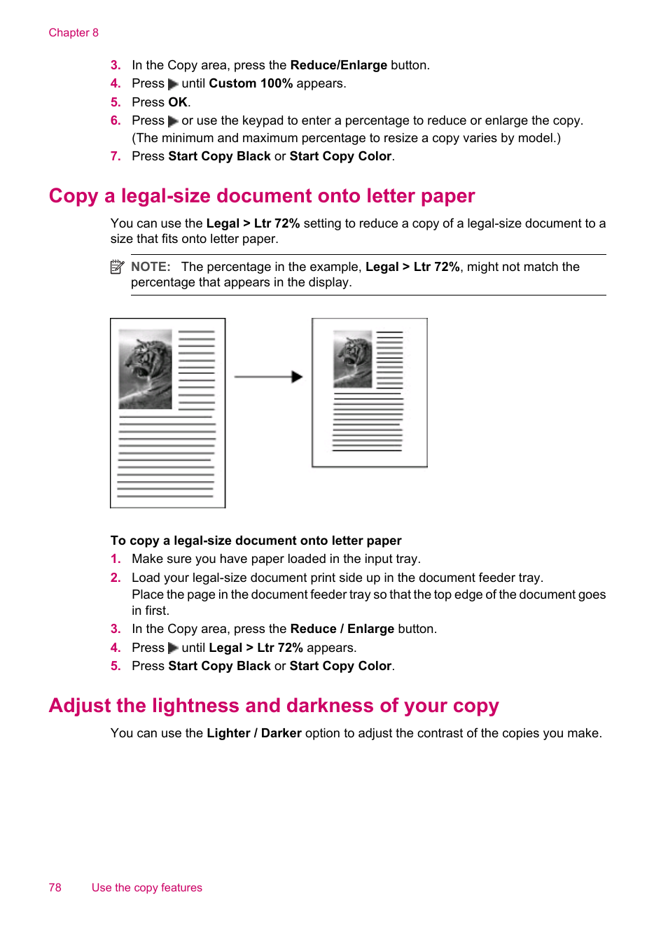 Copy a legal-size document onto letter paper, Adjust the lightness and darkness of your copy | HP Officejet J5740 All-in-One Printer User Manual | Page 80 / 286
