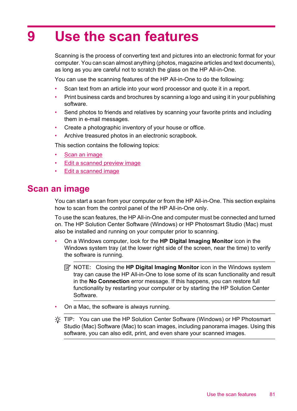 Use the scan features, Scan an image, 9 use the scan features | 9use the scan features | HP Officejet J5740 All-in-One Printer User Manual | Page 83 / 286