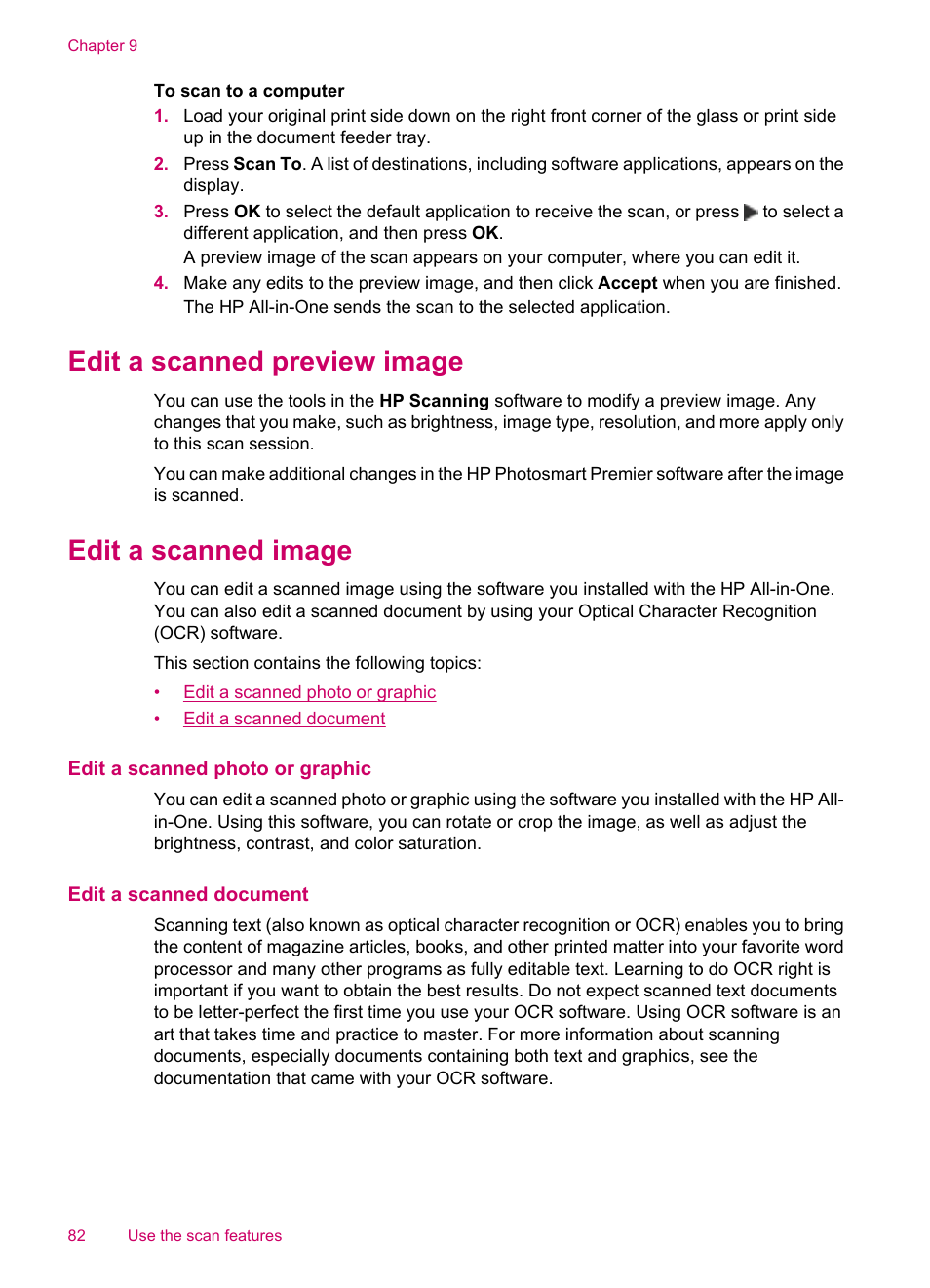 Edit a scanned preview image, Edit a scanned image, Edit a scanned photo or graphic | Edit a scanned document, Edit a scanned preview image edit a scanned image | HP Officejet J5740 All-in-One Printer User Manual | Page 84 / 286