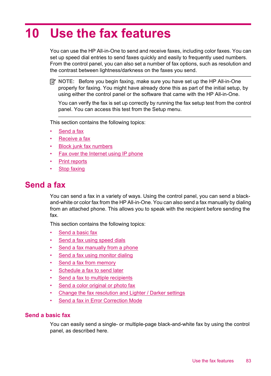 Use the fax features, Send a fax, Send a basic fax | 10 use the fax features, Send a fax in error correction mode | HP Officejet J5740 All-in-One Printer User Manual | Page 85 / 286