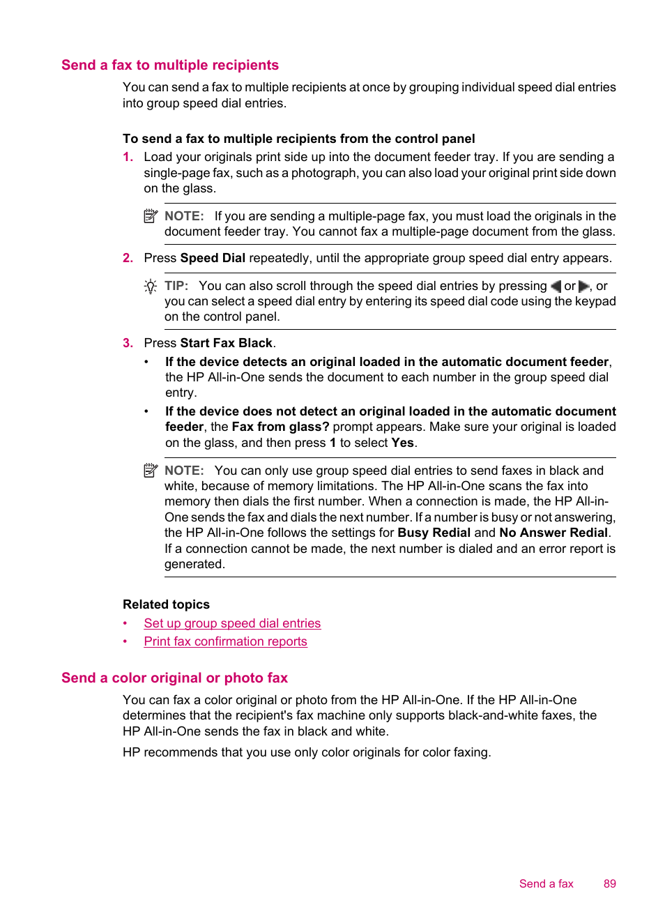 Send a fax to multiple recipients, Send a color original or photo fax | HP Officejet J5740 All-in-One Printer User Manual | Page 91 / 286