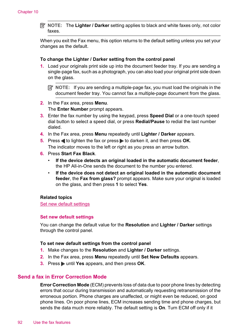 Set new default settings, Send a fax in error correction mode | HP Officejet J5740 All-in-One Printer User Manual | Page 94 / 286