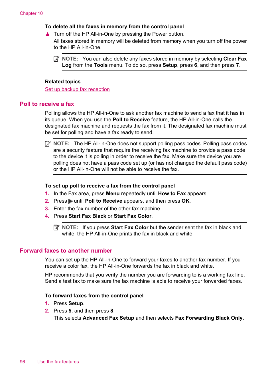 Poll to receive a fax, Forward faxes to another number | HP Officejet J5740 All-in-One Printer User Manual | Page 98 / 286