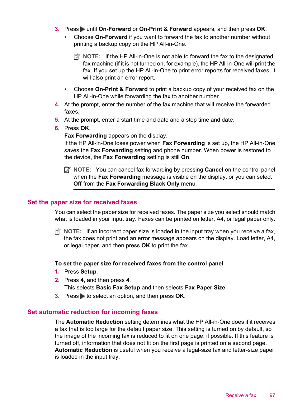 Set the paper size for received faxes, Set automatic reduction for incoming faxes | HP Officejet J5740 All-in-One Printer User Manual | Page 99 / 286