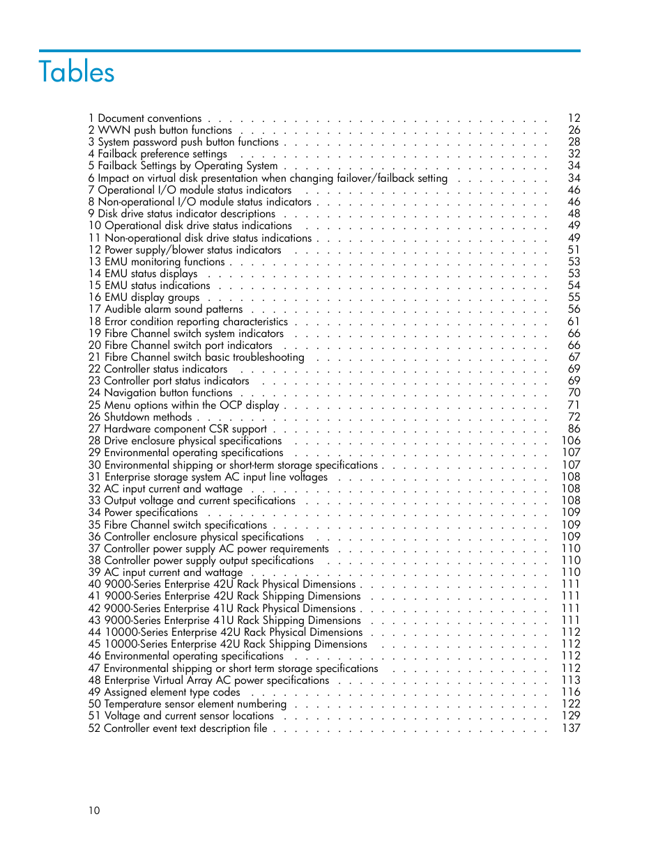 Tables | HP 3000 Enterprise Virtual Array User Manual | Page 10 / 161