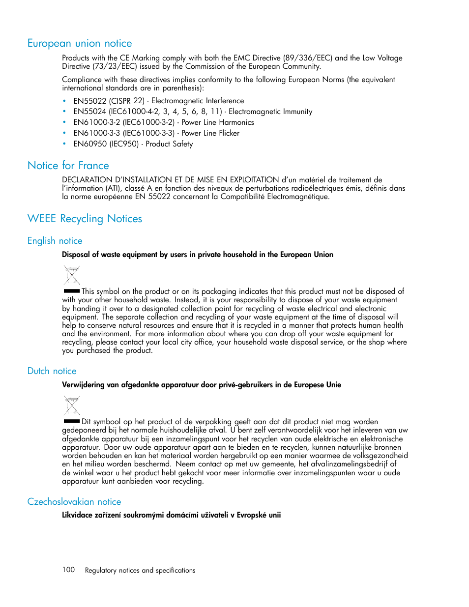 European union notice, Notice for france, Weee recycling notices | English notice, Dutch notice, Czechoslovakian notice | HP 3000 Enterprise Virtual Array User Manual | Page 100 / 161