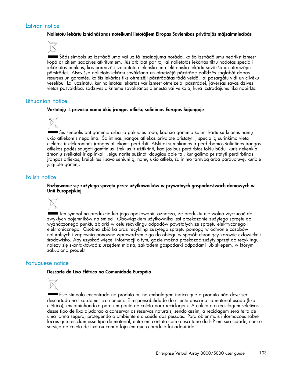 Latvian notice, Lithuanian notice, Polish notice | Portuguese notice | HP 3000 Enterprise Virtual Array User Manual | Page 103 / 161