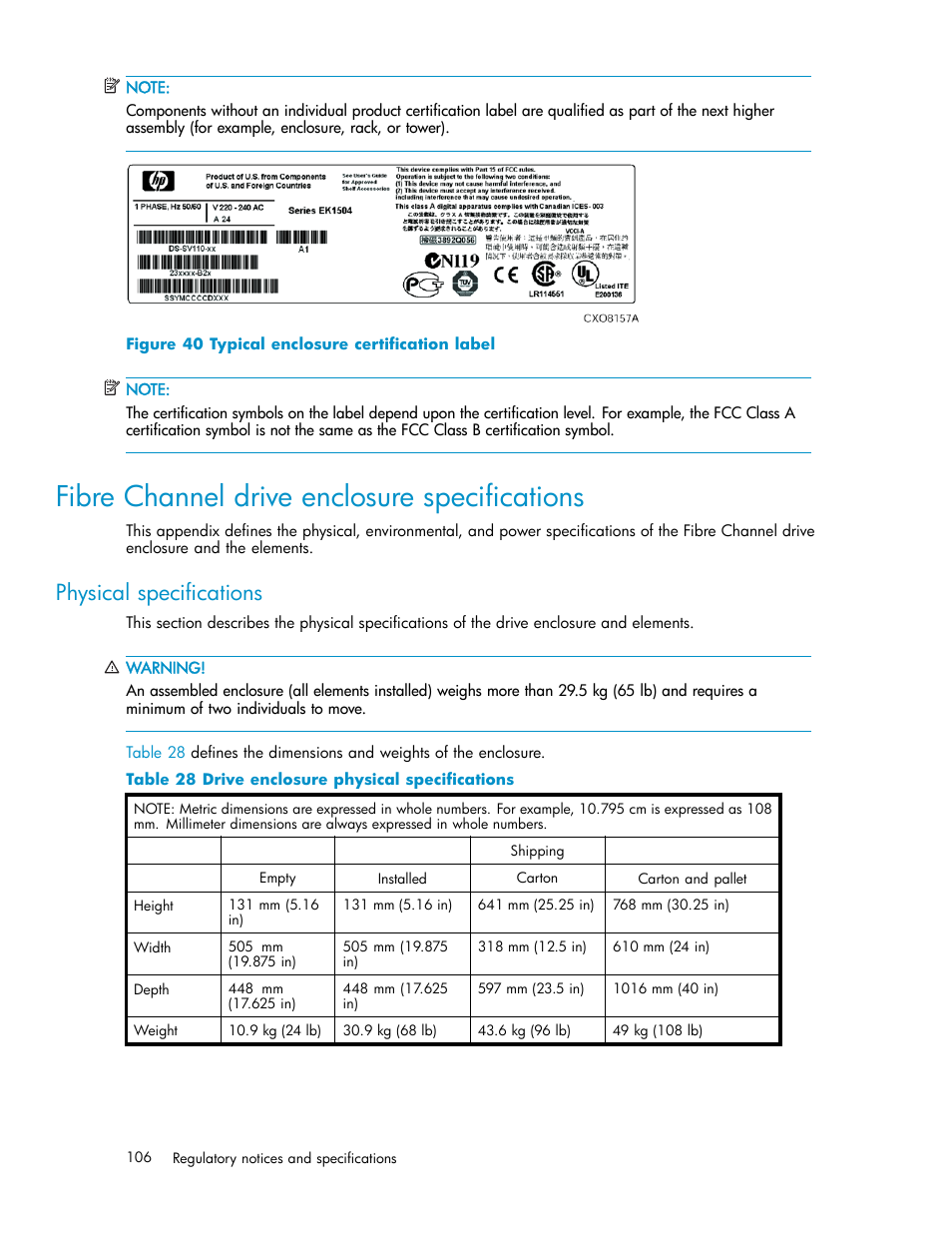 Fibre channel drive enclosure specifications, Physical specifications, 40 typical enclosure certification label | 28 drive enclosure physical specifications | HP 3000 Enterprise Virtual Array User Manual | Page 106 / 161