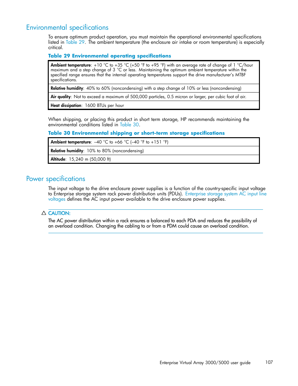 Environmental specifications, Power specifications, 29 environmental operating specifications | HP 3000 Enterprise Virtual Array User Manual | Page 107 / 161