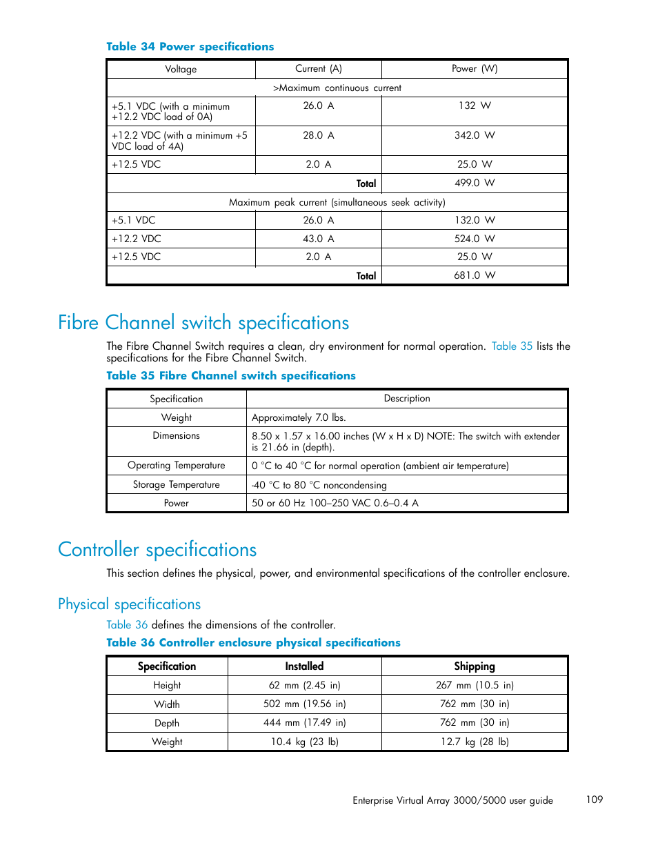 Fibre channel switch specifications, Controller specifications, Physical specifications | 34 power specifications, 35 fibre channel switch specifications, 36 controller enclosure physical specifications | HP 3000 Enterprise Virtual Array User Manual | Page 109 / 161