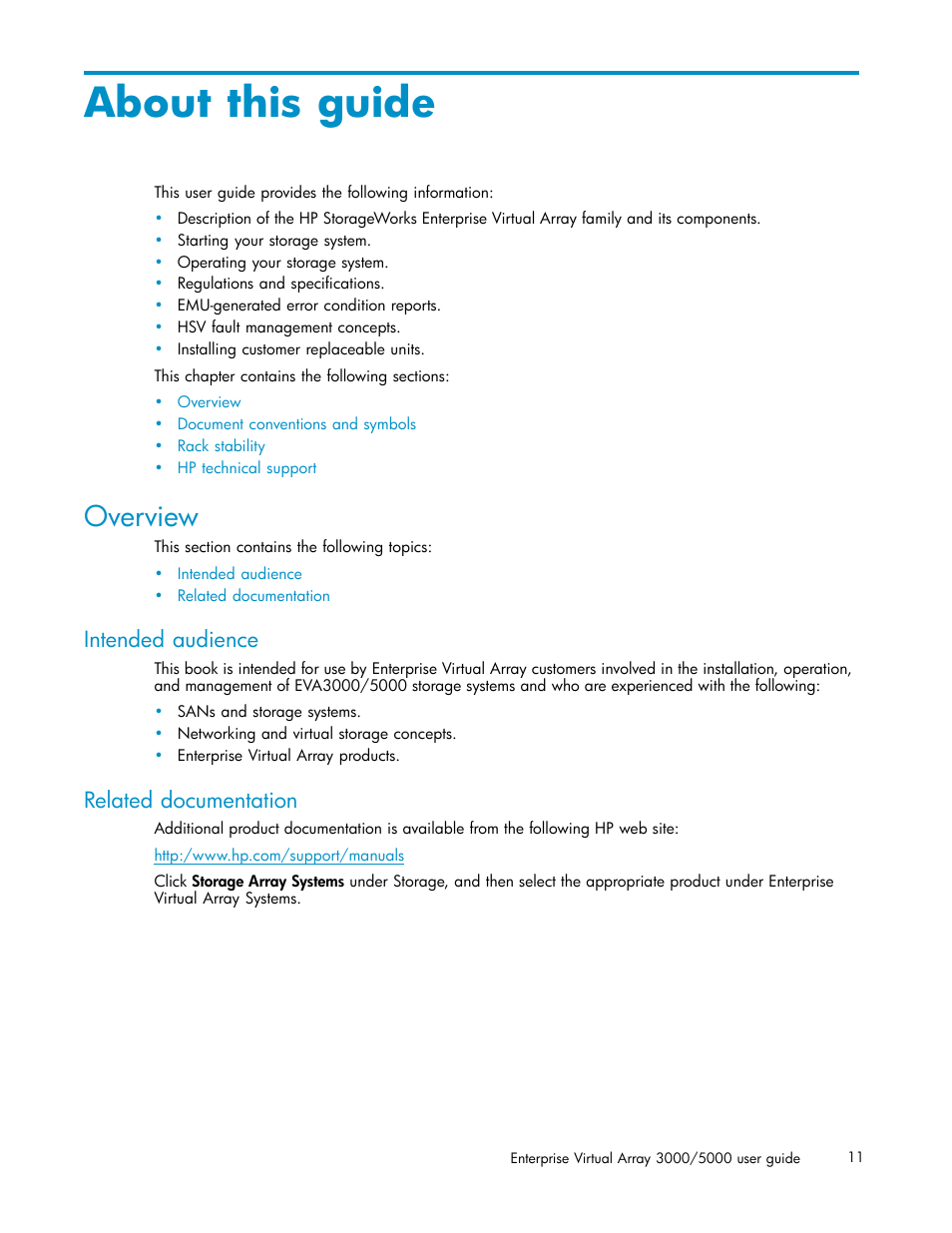 About this guide, Overview, Intended audience | Related documentation | HP 3000 Enterprise Virtual Array User Manual | Page 11 / 161