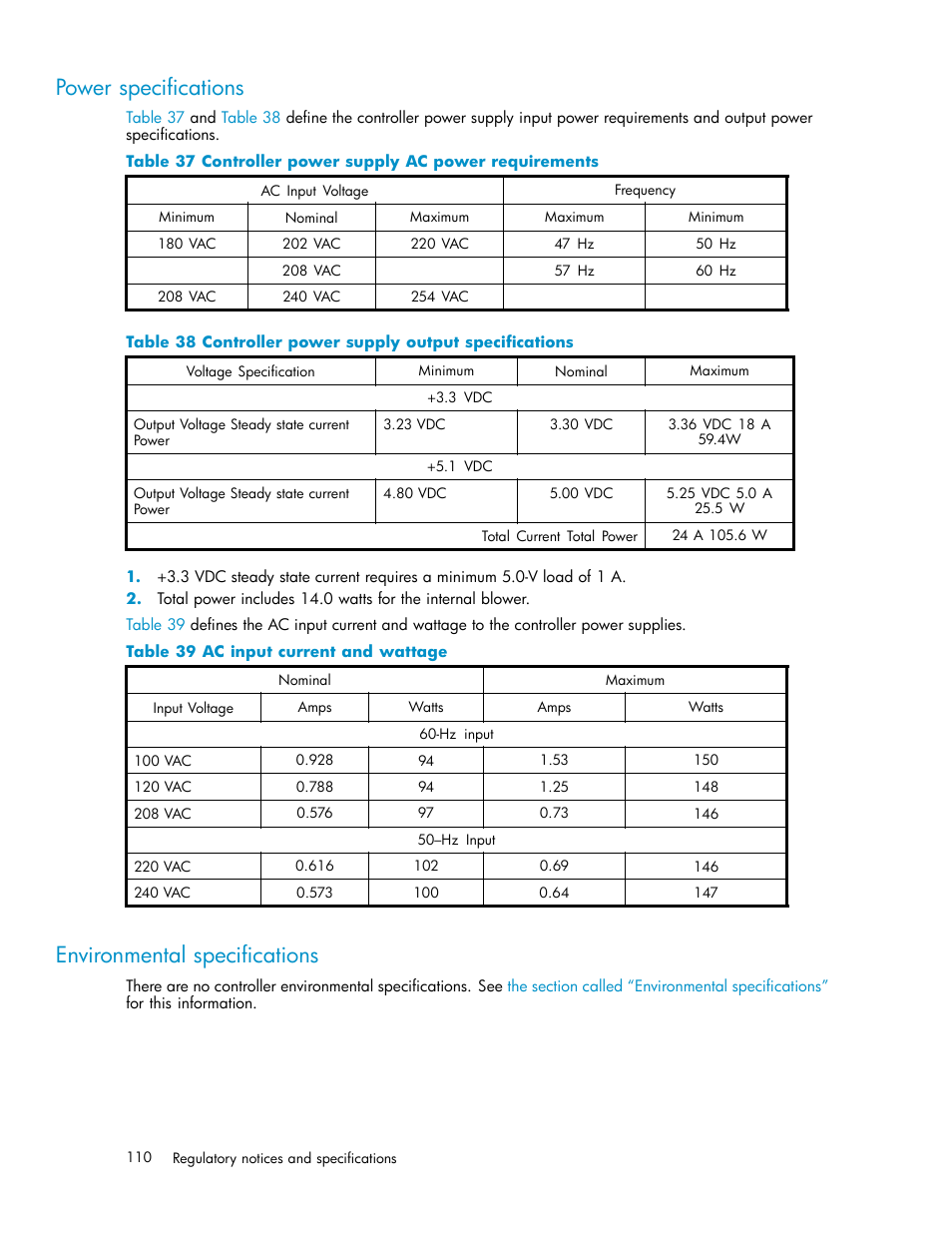 Power specifications, Environmental specifications, 37 controller power supply ac power requirements | 38 controller power supply output specifications, 39 ac input current and wattage | HP 3000 Enterprise Virtual Array User Manual | Page 110 / 161