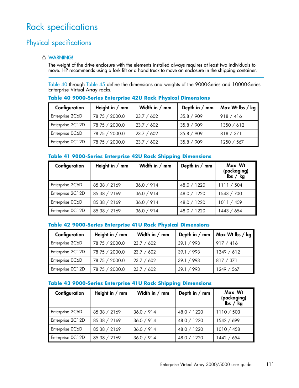 Rack specifications, Physical specifications | HP 3000 Enterprise Virtual Array User Manual | Page 111 / 161