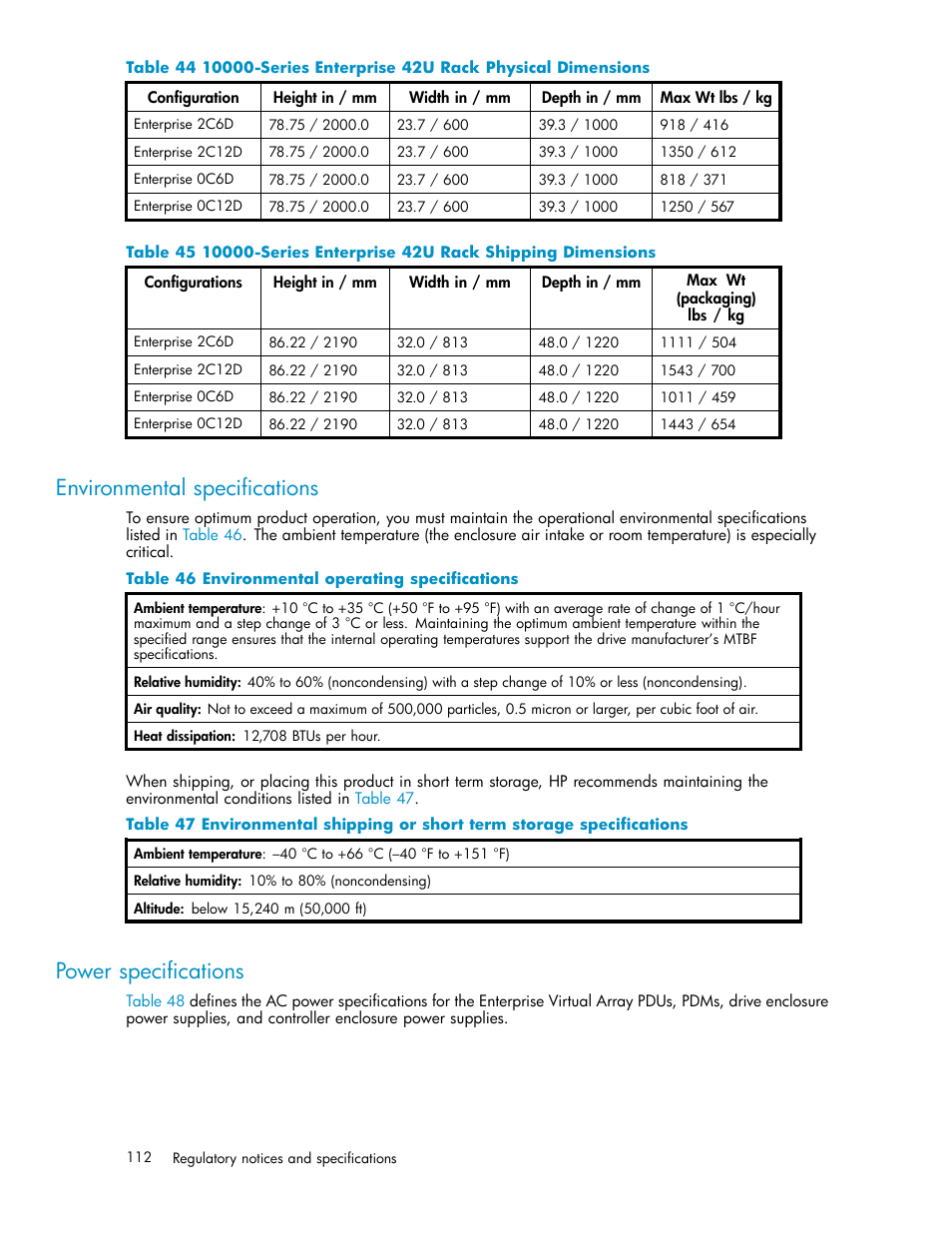 Environmental specifications, Power specifications, 46 environmental operating specifications | The section called “environmental specifications | HP 3000 Enterprise Virtual Array User Manual | Page 112 / 161