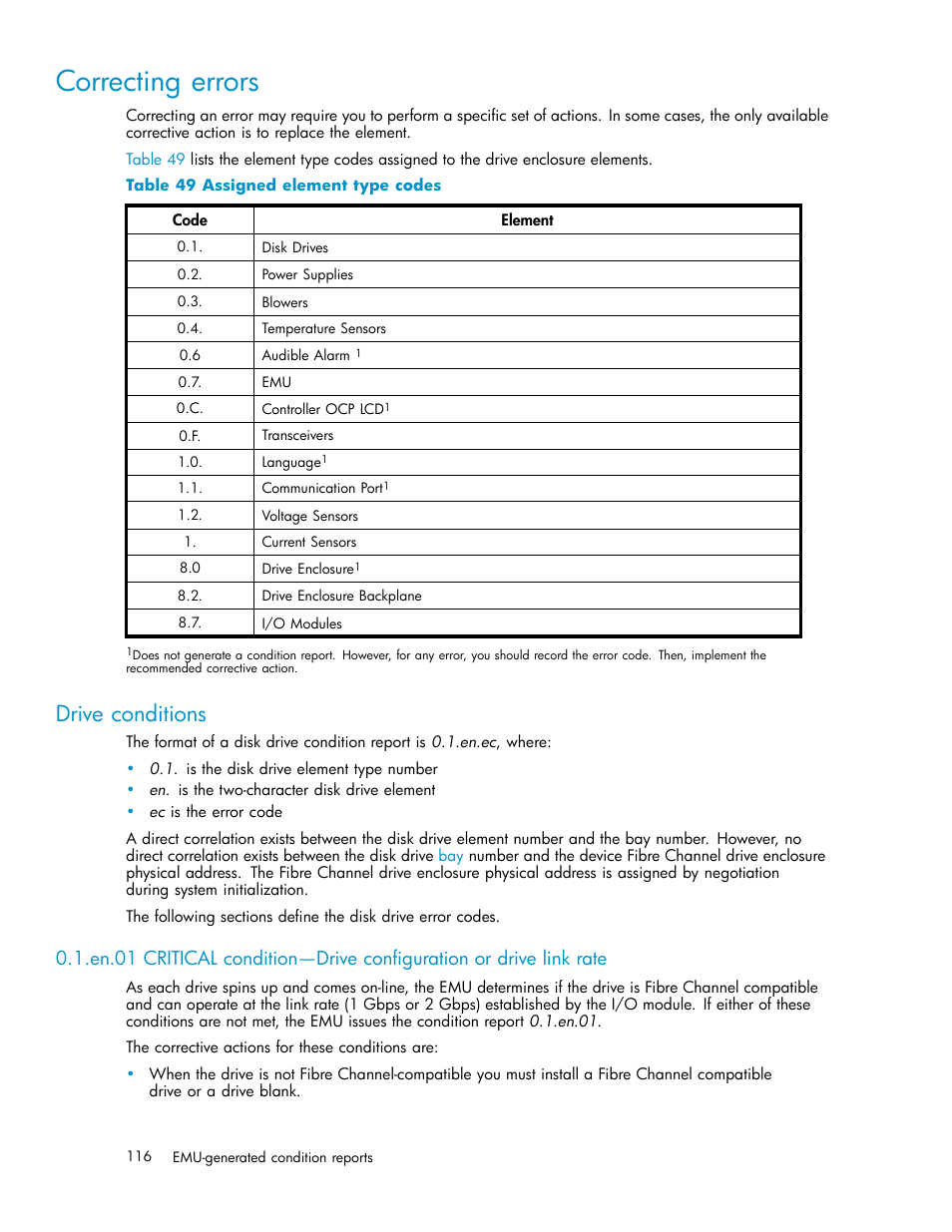 Correcting errors, Drive conditions, 49 assigned element type codes | HP 3000 Enterprise Virtual Array User Manual | Page 116 / 161