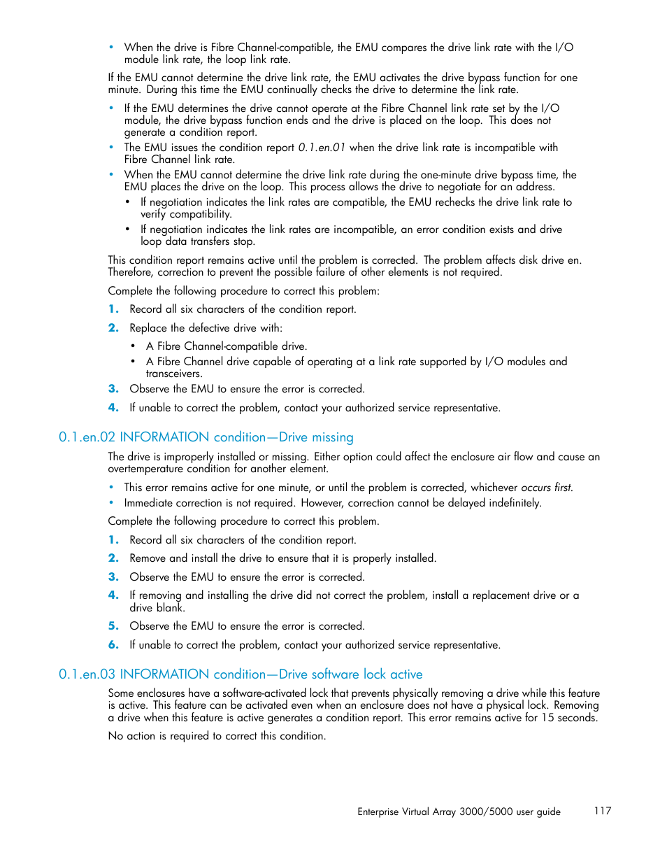 En.02 information condition—drive missing | HP 3000 Enterprise Virtual Array User Manual | Page 117 / 161