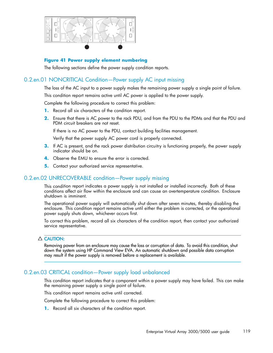 En.02 unrecoverable condition—power supply missing, 41 power supply element numbering | HP 3000 Enterprise Virtual Array User Manual | Page 119 / 161