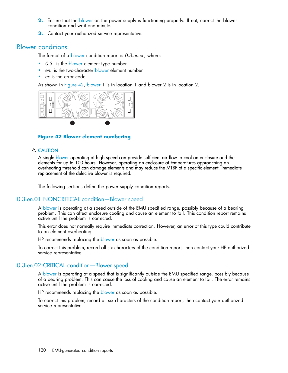 Blower conditions, En.01 noncritical condition—blower speed, En.02 critical condition—blower speed | 42 blower element numbering | HP 3000 Enterprise Virtual Array User Manual | Page 120 / 161