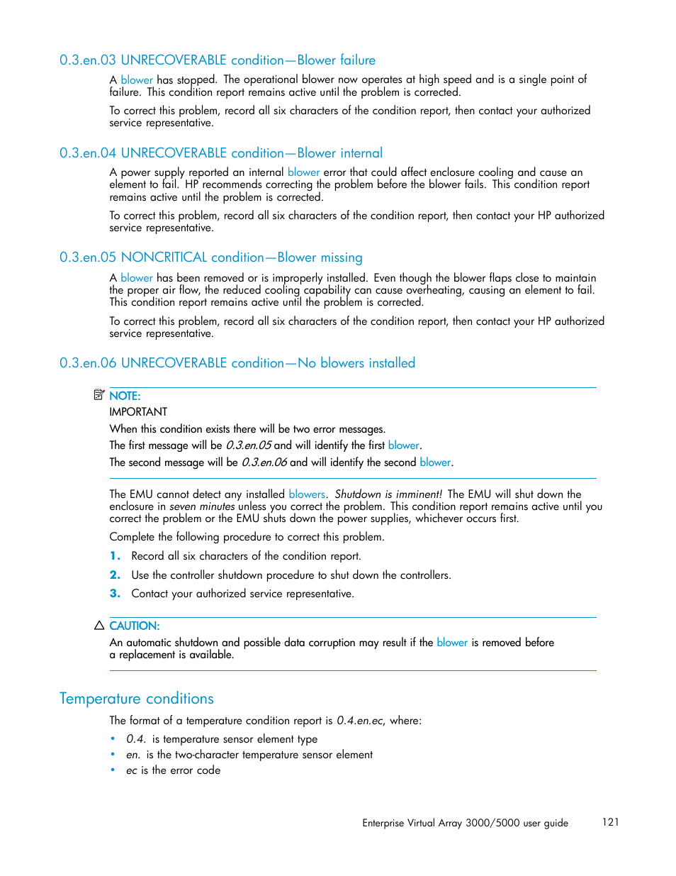 En.03 unrecoverable condition—blower failure, En.04 unrecoverable condition—blower internal, En.05 noncritical condition—blower missing | En.06 unrecoverable condition—no blowers installed, Temperature conditions | HP 3000 Enterprise Virtual Array User Manual | Page 121 / 161