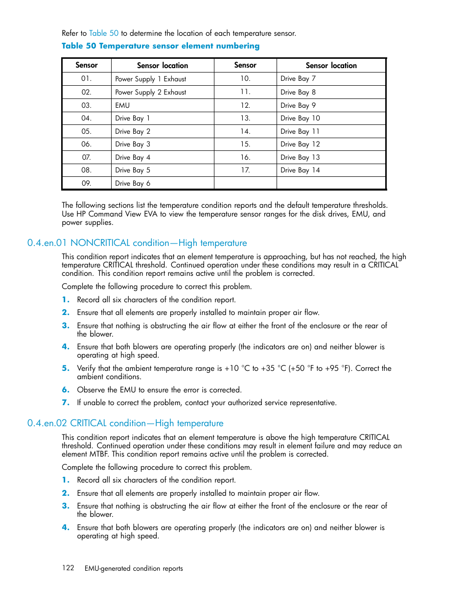 En.01 noncritical condition—high temperature, En.02 critical condition—high temperature, 50 temperature sensor element numbering | HP 3000 Enterprise Virtual Array User Manual | Page 122 / 161