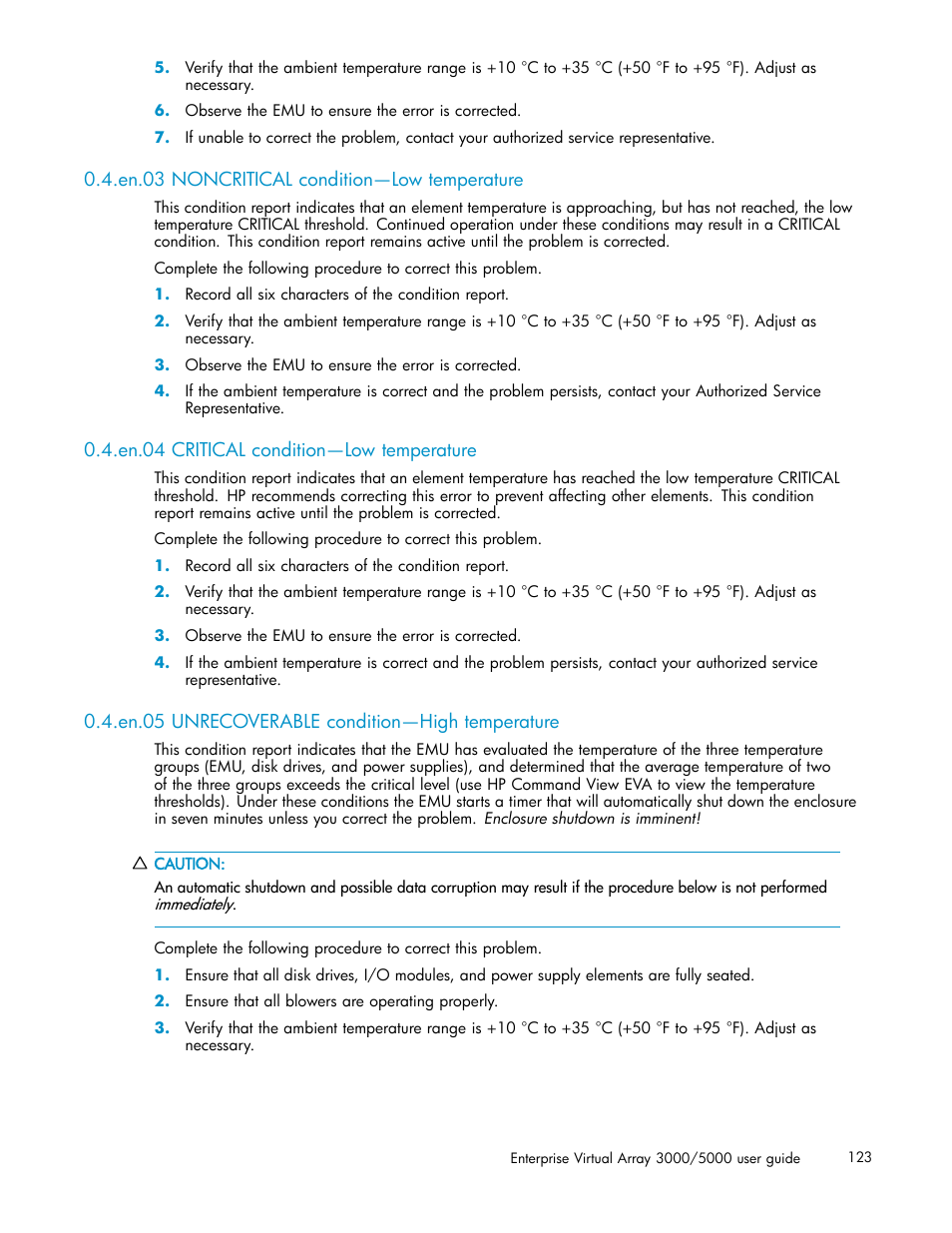 En.03 noncritical condition—low temperature, En.04 critical condition—low temperature, En.05 unrecoverable condition—high temperature | HP 3000 Enterprise Virtual Array User Manual | Page 123 / 161