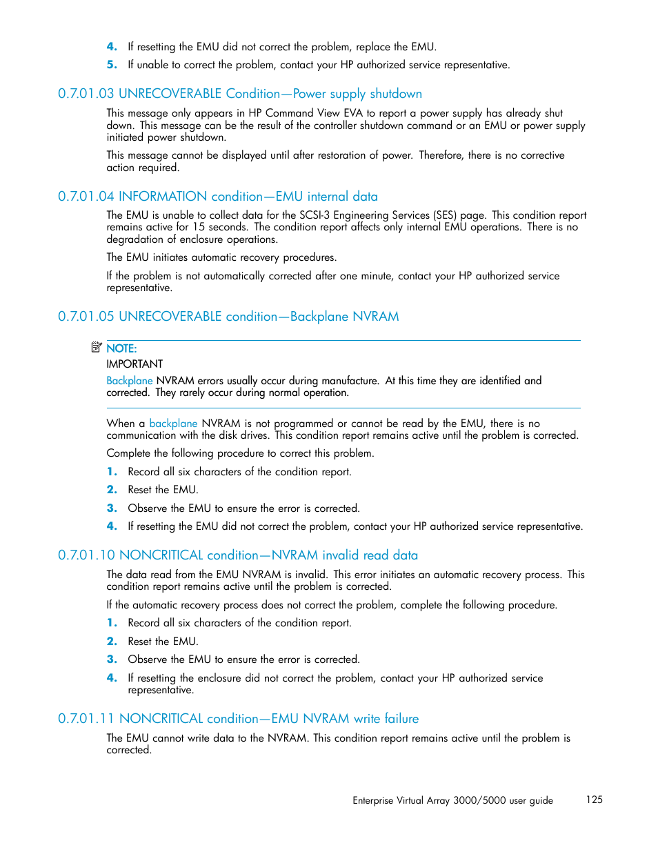 03 unrecoverable condition—power supply shutdown, 04 information condition—emu internal data, 05 unrecoverable condition—backplane nvram | 10 noncritical condition—nvram invalid read data, 11 noncritical condition—emu nvram write failure | HP 3000 Enterprise Virtual Array User Manual | Page 125 / 161