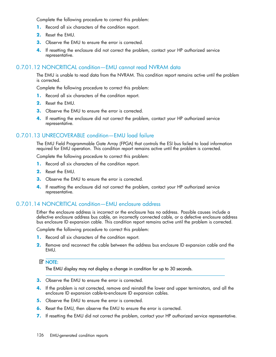 13 unrecoverable condition—emu load failure, 14 noncritical condition—emu enclosure address | HP 3000 Enterprise Virtual Array User Manual | Page 126 / 161