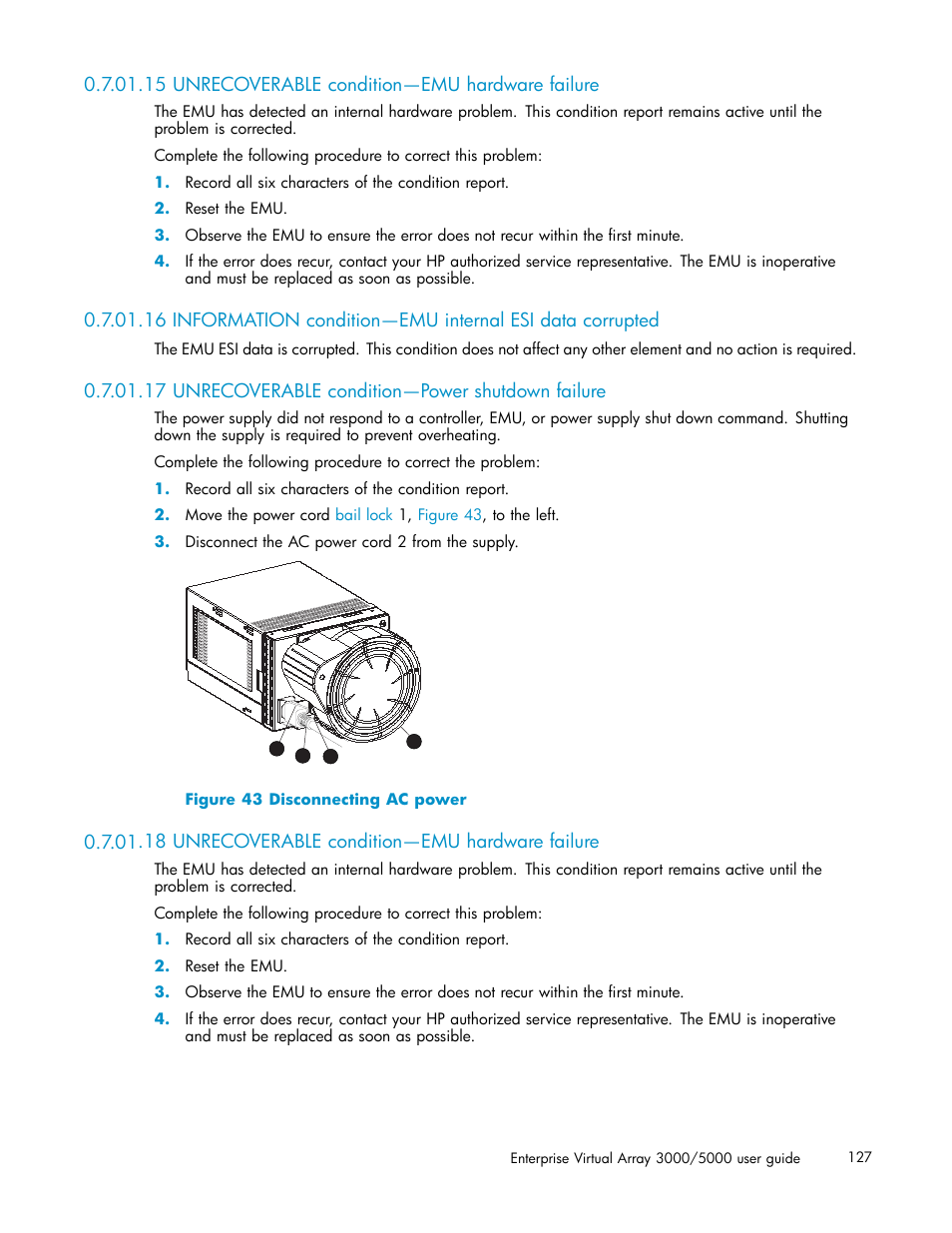 15 unrecoverable condition—emu hardware failure, 17 unrecoverable condition—power shutdown failure, 18 unrecoverable condition—emu hardware failure | 43 disconnecting ac power | HP 3000 Enterprise Virtual Array User Manual | Page 127 / 161