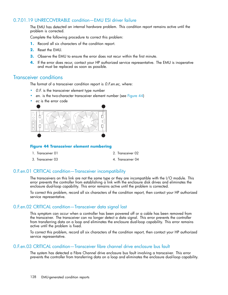 19 unrecoverable condition—emu esi driver failure, Transceiver conditions, 44 transceiver element numbering | HP 3000 Enterprise Virtual Array User Manual | Page 128 / 161