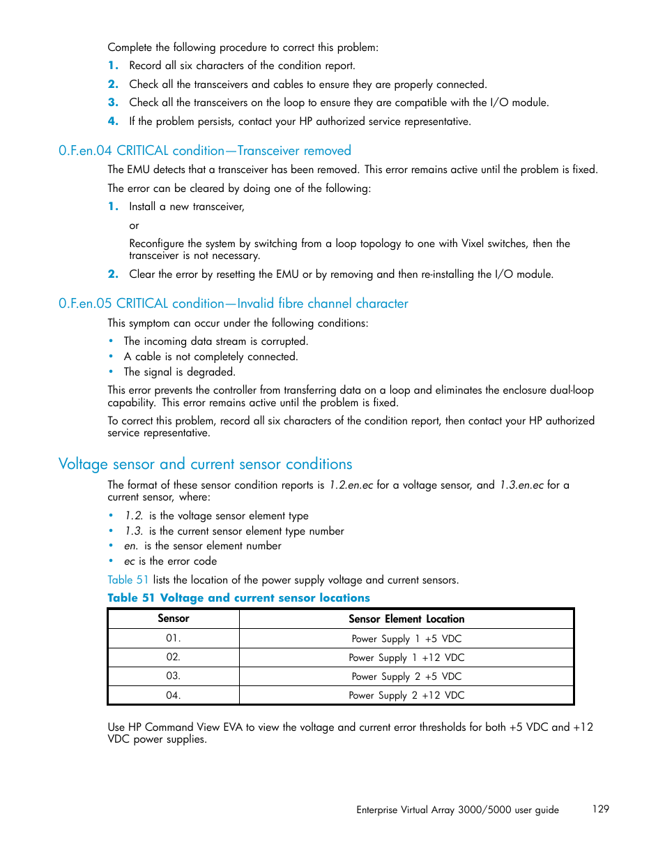 F.en.04 critical condition—transceiver removed, Voltage sensor and current sensor conditions, 51 voltage and current sensor locations | HP 3000 Enterprise Virtual Array User Manual | Page 129 / 161