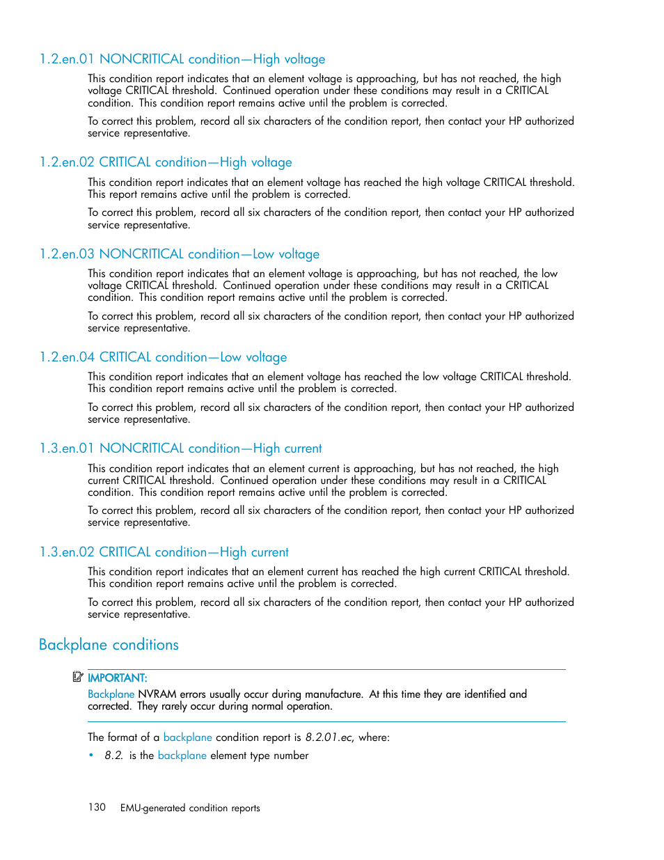 En.01 noncritical condition—high voltage, En.02 critical condition—high voltage, En.03 noncritical condition—low voltage | En.04 critical condition—low voltage, En.01 noncritical condition—high current, En.02 critical condition—high current, Backplane conditions | HP 3000 Enterprise Virtual Array User Manual | Page 130 / 161