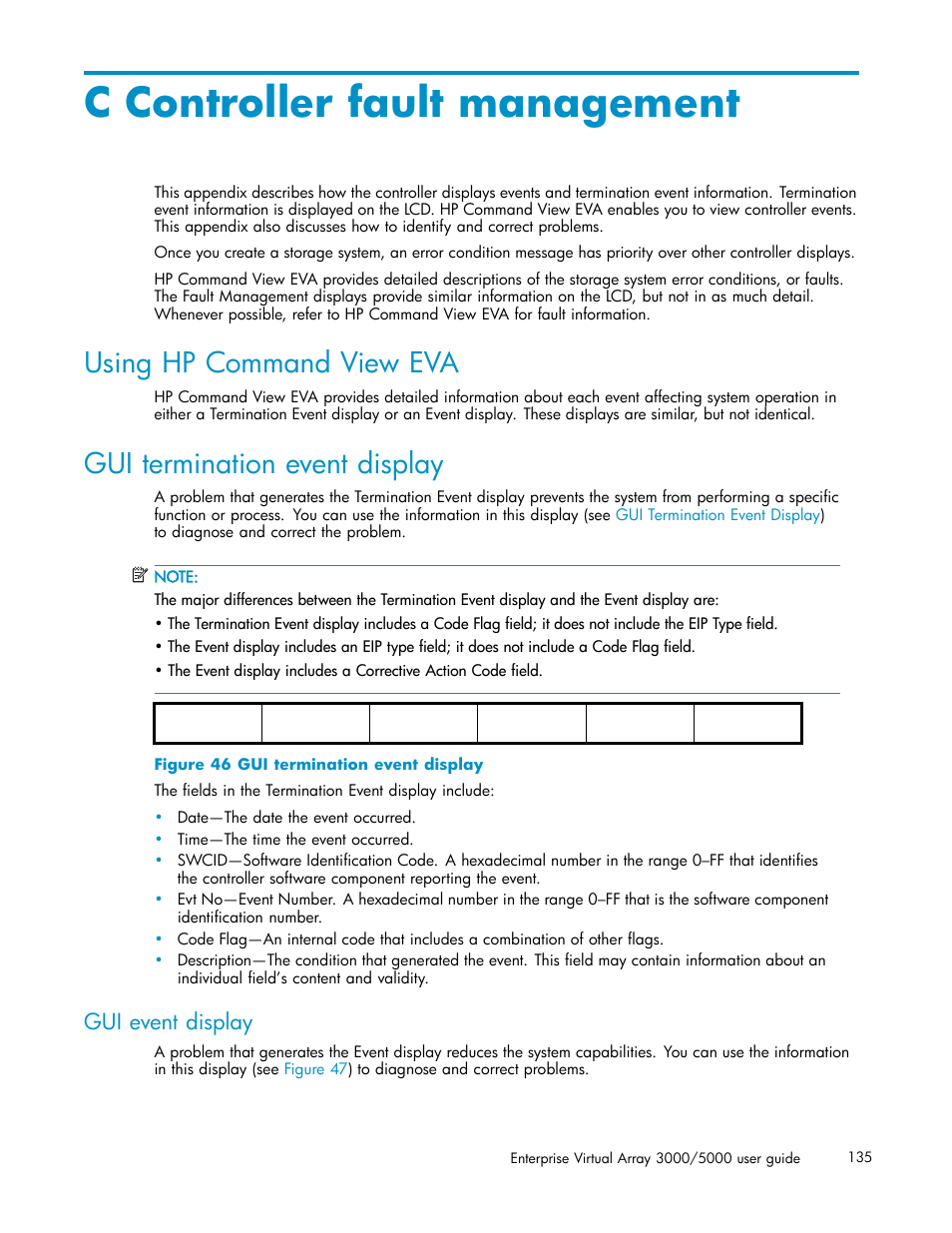 C controller fault management, Using hp command view eva, Gui termination event display | Gui event display | HP 3000 Enterprise Virtual Array User Manual | Page 135 / 161