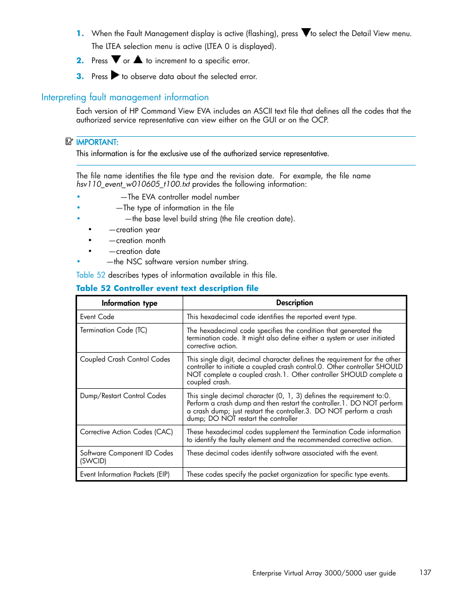 Interpreting fault management information, 52 controller event text description file | HP 3000 Enterprise Virtual Array User Manual | Page 137 / 161