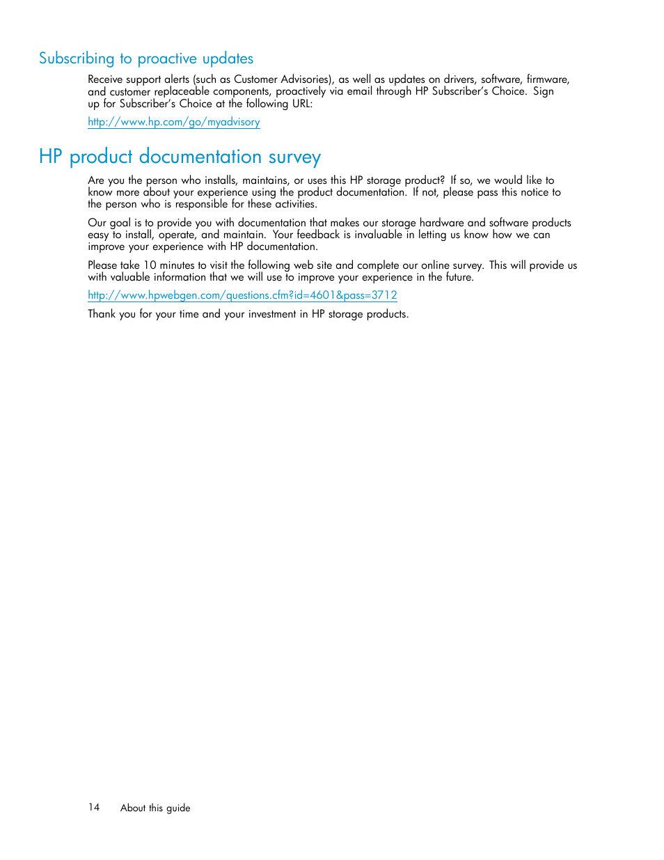 Subscribing to proactive updates, Hp product documentation survey | HP 3000 Enterprise Virtual Array User Manual | Page 14 / 161