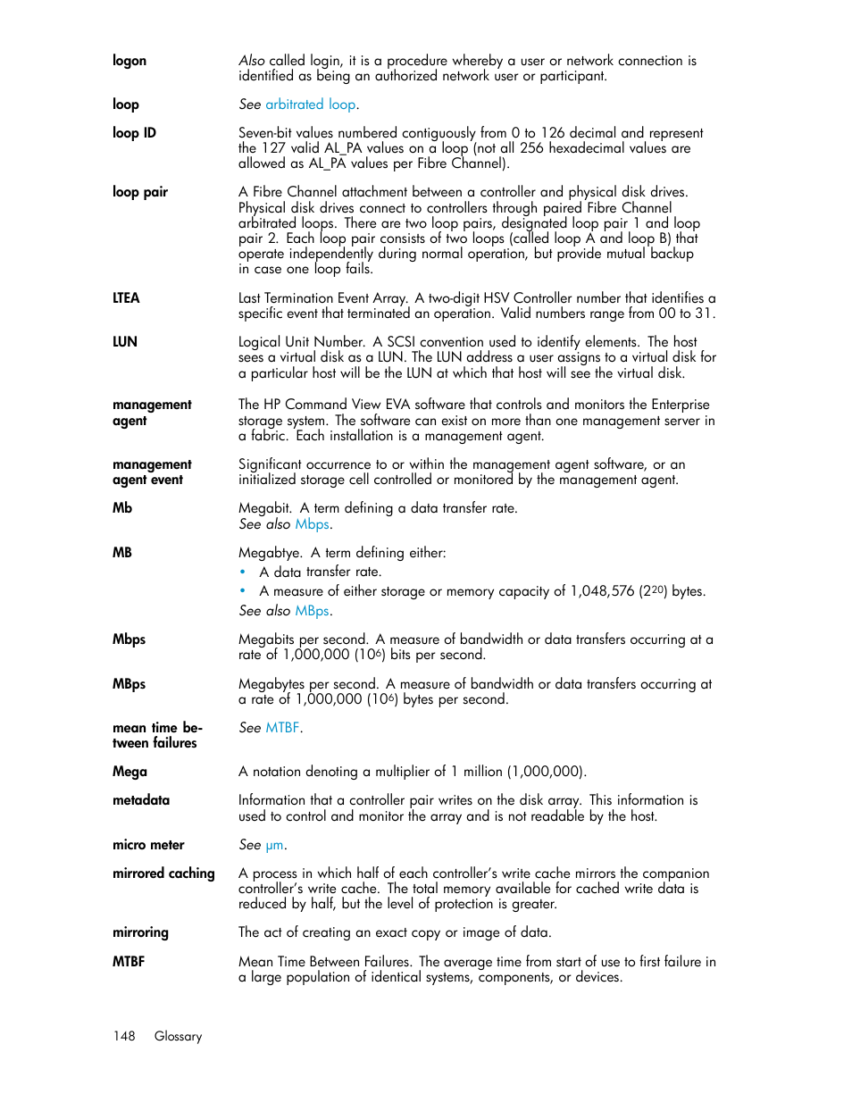 Mirrored cache, Management agent event, Ltea | HP 3000 Enterprise Virtual Array User Manual | Page 148 / 161